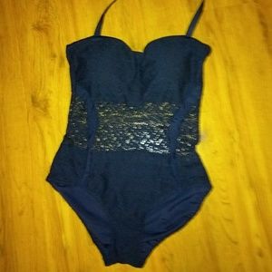 Black halter swimsuit see-through bodice 18/20
